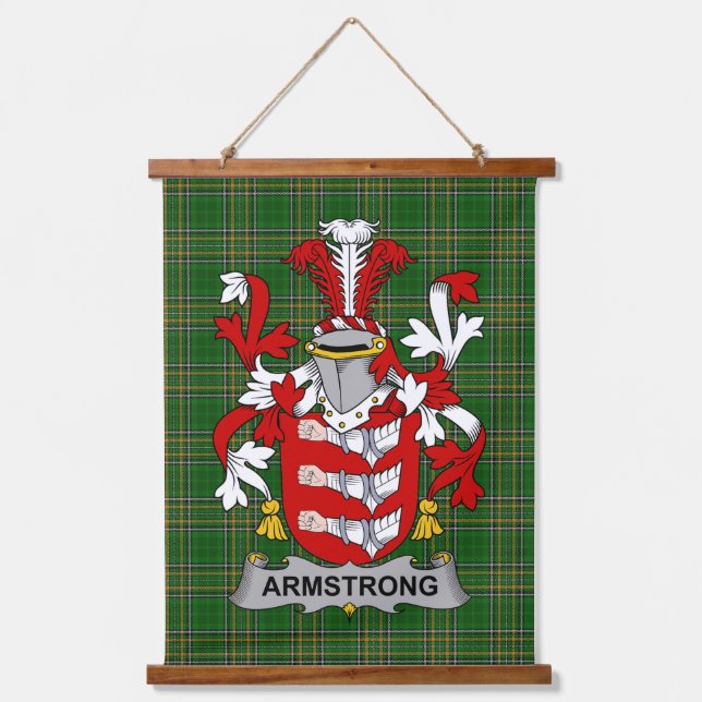 Irish Armstrong Coat of Arms Family Crest Wandteppich Mit Holzrahmen (Vorderseite)