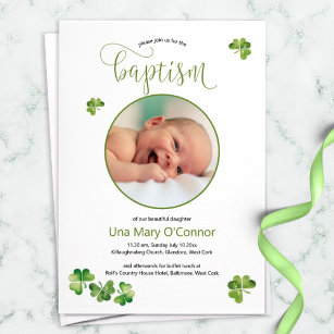 Irish Baby Foto Taufe mit grünen Kleeblättern Dankeskarte
