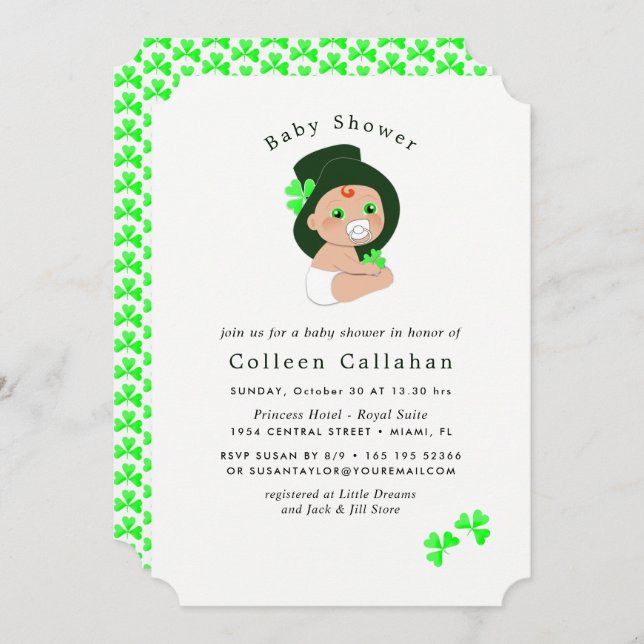 Irish Baby Leprechaun Lucky Kleeblatt Babydusche Einladung (Vorne/Hinten)