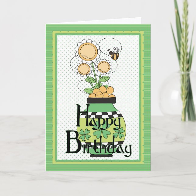Irish Blume Pot Happy Birthday Grußkarte Karte (Vorderseite)