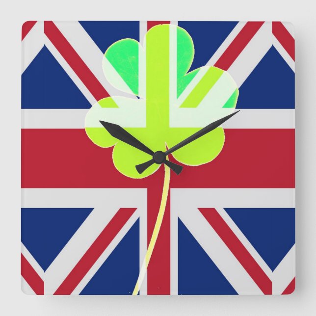 Irish British Flag Kleeblatt Clover St Patrick Ver Quadratische Wanduhr (Vorderseite)