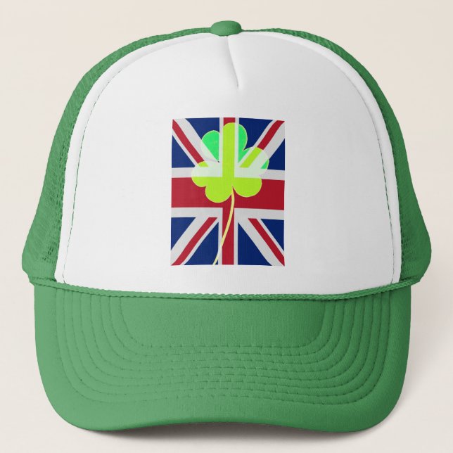 Irish British Flag Kleeblatt Clover St Patrick Ver Truckerkappe (Vorderseite)