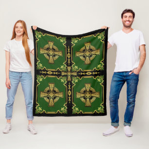 Irish Celtic cross/black/gold/green cross-design Fleecedecke