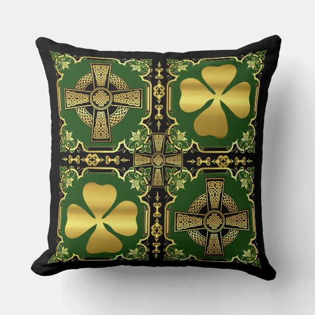 Irish Celtic cross/black/gold/green cross-Kleeblat Kissen (Vorderseite)