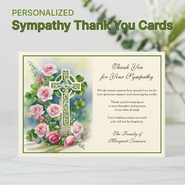 Irish Celtic Cross Kleeblatts Beileid Condolence Dankeskarte (Irish Celtic Cross with pink roses sympathy condolence thank you cards)