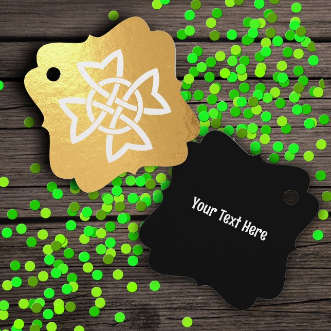 Irish Celtic Knoops - Verbundene Loops auf Gold Geschenkanhänger (Irish Celtic looped white knot on gold foil and black hanging gift tag.)