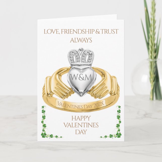 Irish Claddagh Ring & Kleeblatts Valentinstag Karte (Vorderseite)