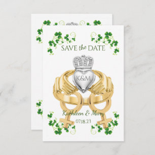 Irish Claddagh Ring und Kleeblätter Save The Date