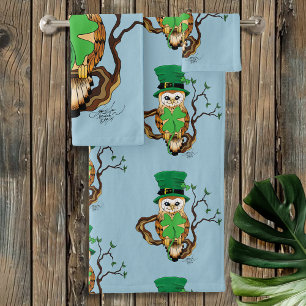 Irish Clovers Owl Green Badhandtuch Set