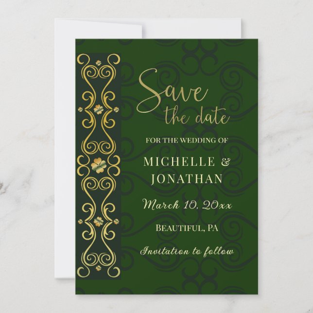 Irish Elegant Gold Abstrakt Dark Green Wedding Save The Date (Vorderseite)