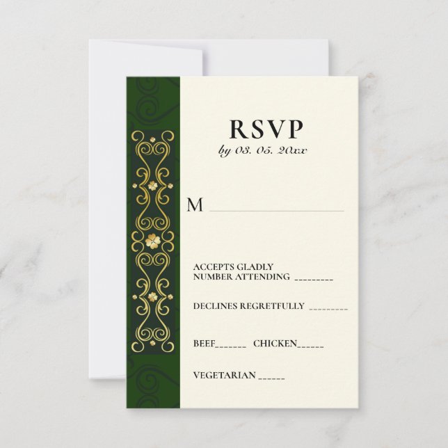 Irish Elegant Gold Artwork Abstrakt Green Wedding RSVP Karte (Vorderseite)