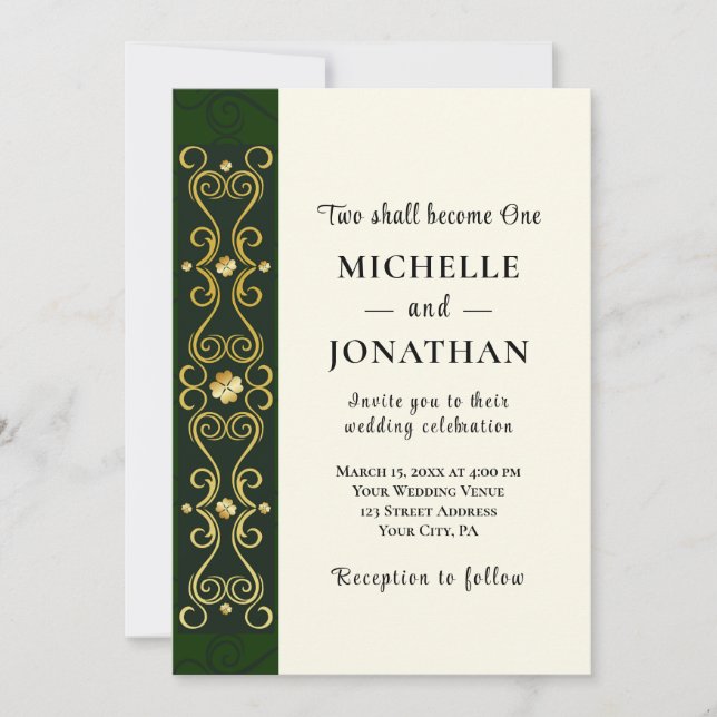 Irish Elegant Gold Dark Green Christlich Wedding Einladung (Vorderseite)