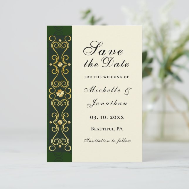 Irish Elegant Gold Dark Green Wedding Save The Date (Stehend Vorderseite)