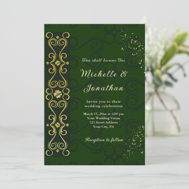 Irish Elegant Green Gold Design Christlich Wedding Einladung (Stehend Vorderseite)