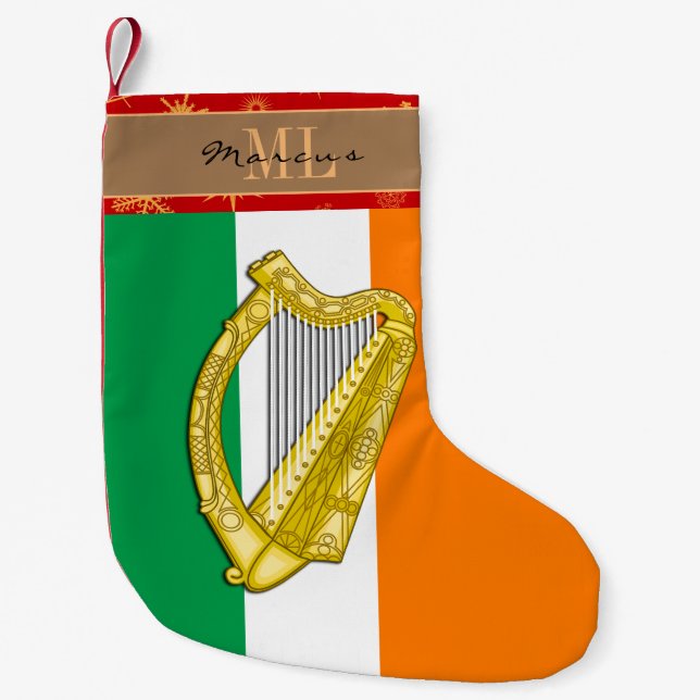 Irish Flag Strumpf, Irland, Monogramm, Harfe Kleiner Weihnachtsstrumpf (Vorderseite)