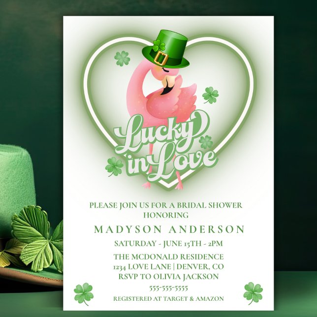 Irish Flamingo Lucky in Liebe Brautparty Einladung (Irish Flamingo Lucky In Love Bridal Shower Invitation)