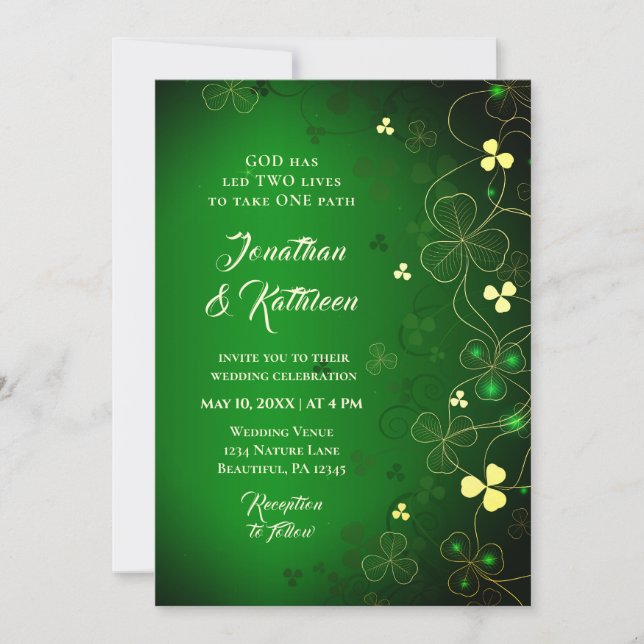 Irish Golden Leaf Clover Design Wedding Segen Einladung (Vorderseite)