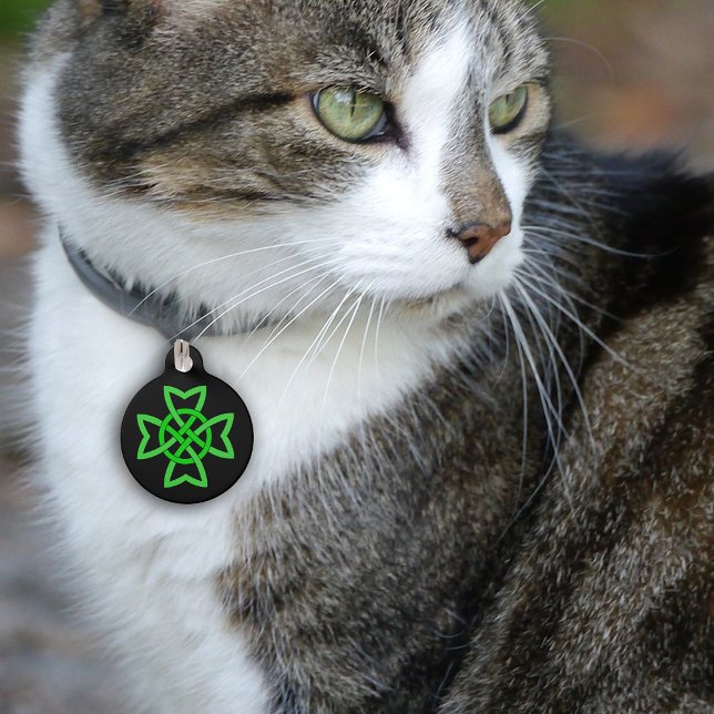Irish Green Celtic Knot Haustiermarke (Bright green Irish Celtic looped knot design on black pet name tag.)