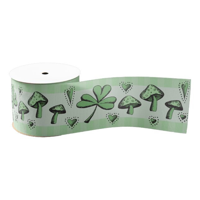 Irish Green Kleeblatts Hearts and Mushrooms 3" Gro Ripsband (Spule)