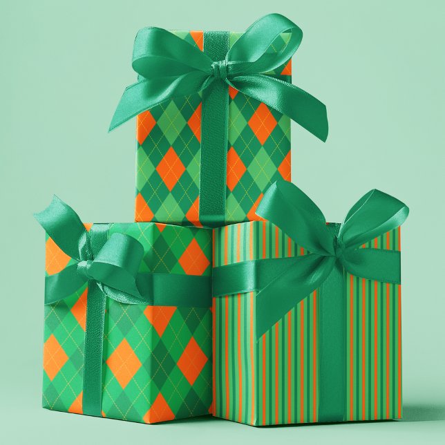 Irish Green & Orange St. Patrick's Day Patterns Geschenkpapier Set (Elegant Green and Orange Argyle and Stripes Patterned Wrapping Paper for St Patrick's Day Party.)