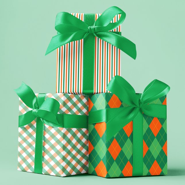 Irish Green & Orange St. Patrick's Day Patterns Geschenkpapier Set (Irish St Patrick's Day Green Orange White Patterned Wrapping Paper. Thin Stripes, Gingham & Argyle.)