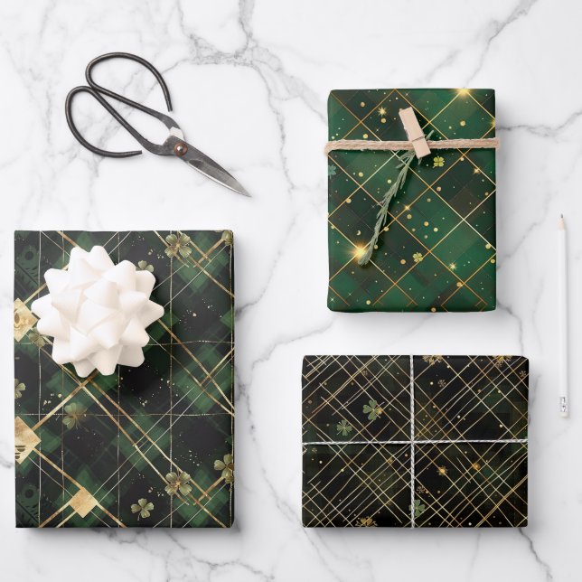 Irish Green St Patrick Tartan Kariertes Set 2 Geschenkpapier Set (Vorderseite)
