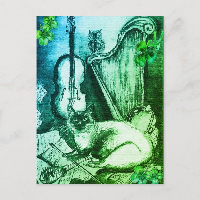 Irish Harp and St.Patrick's Day Cat Making Music Postkarte (Vorderseite)