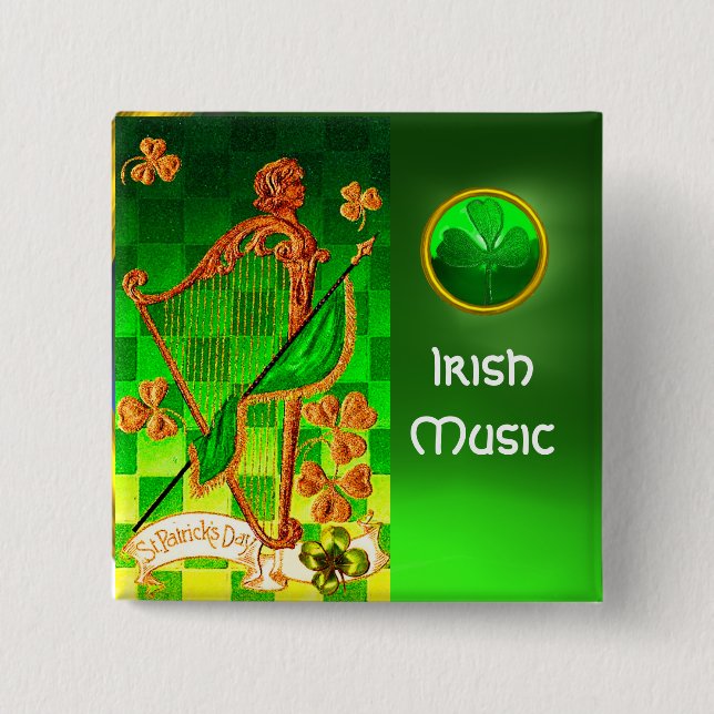 IRISH HARP, GREEN GOLD KLEEBLATTS St Patrick's Day Button (Vorderseite)