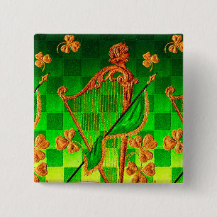 IRISH HARP, GREEN GOLD KLEEBLATTS St Patrick's Day Button