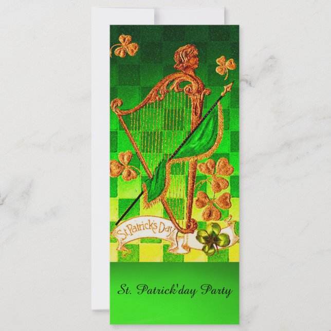 IRISH HARP, GREEN GOLD KLEEBLATTS St Patrick's Day Einladung (Vorderseite)