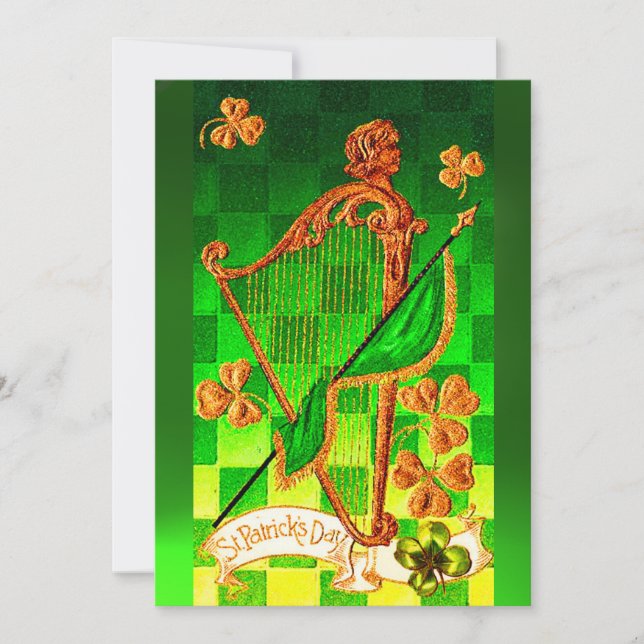 IRISH HARP, GREEN GOLD KLEEBLATTS St Patrick's Day Einladung (Vorderseite)