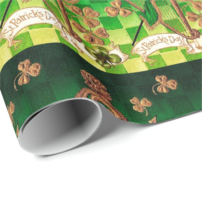 IRISH HARP, GREEN GOLD KLEEBLATTS St Patrick's Day Geschenkpapier (Rolleneckpunkt)