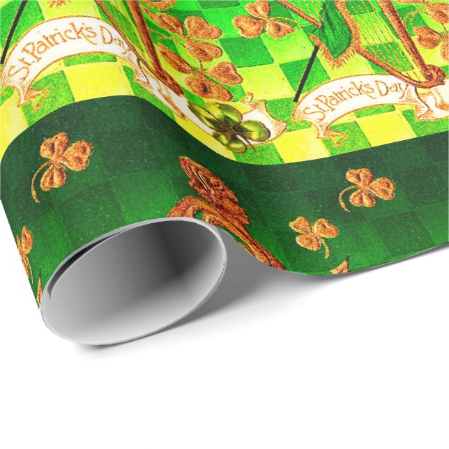 IRISH HARP, GREEN GOLD KLEEBLATTS St Patrick's Day Geschenkpapier (Rolleneckpunkt)