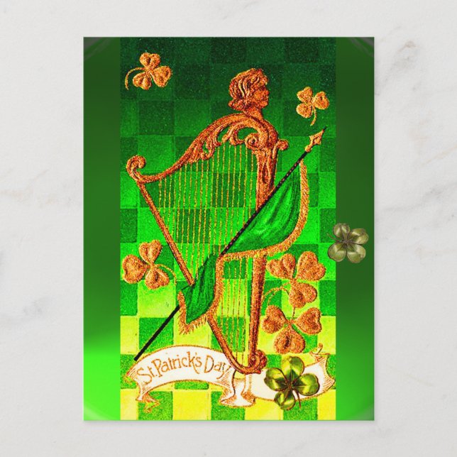 IRISH HARP, GREEN GOLD KLEEBLATTS St Patrick's Day Postkarte (Vorderseite)