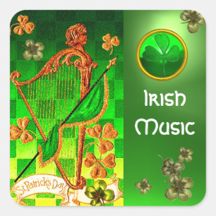 IRISH HARP, GREEN GOLD KLEEBLATTS St Patrick's Day Quadratischer Aufkleber