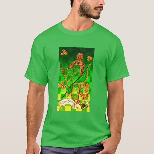IRISH HARP, GREEN GOLD KLEEBLATTS St Patrick's Day T-Shirt (Vorderseite)