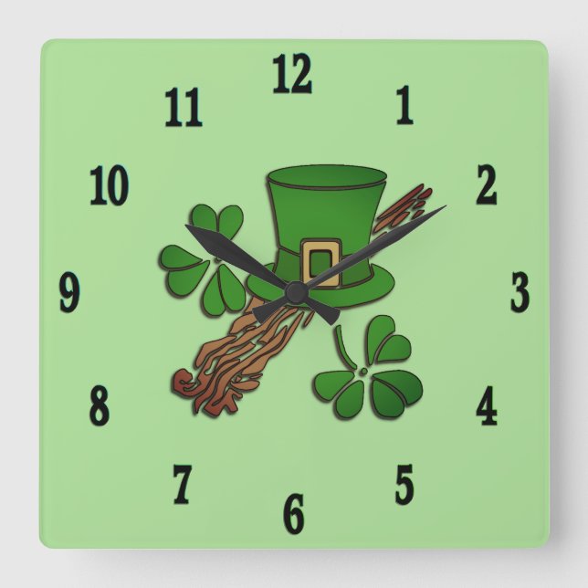 Irish Hat and Kleeblatts Black Numbers Quadratische Wanduhr (Vorderseite)