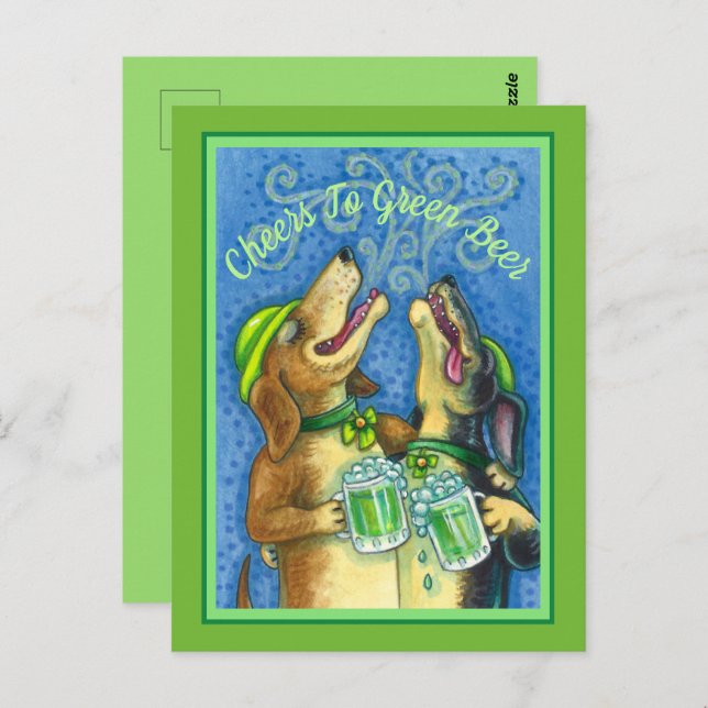 IRISH HOUND HUNGS, ST. PATRICK'S DAY GREEN BIER POSTKARTE (Vorne/Hinten)