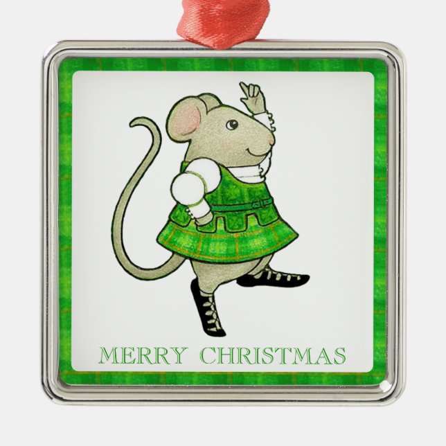 IRISH JIG MOUSE Premium Square Ornament + Text Aus Metall (Vorne)