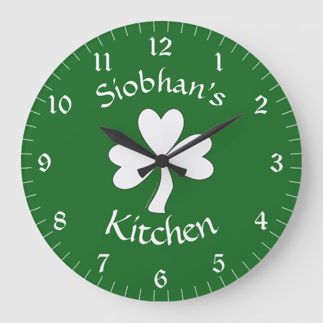 Irish Kitchen Deco Personalisiert Clock Kleeblatt Große Wanduhr (Vorderseite)