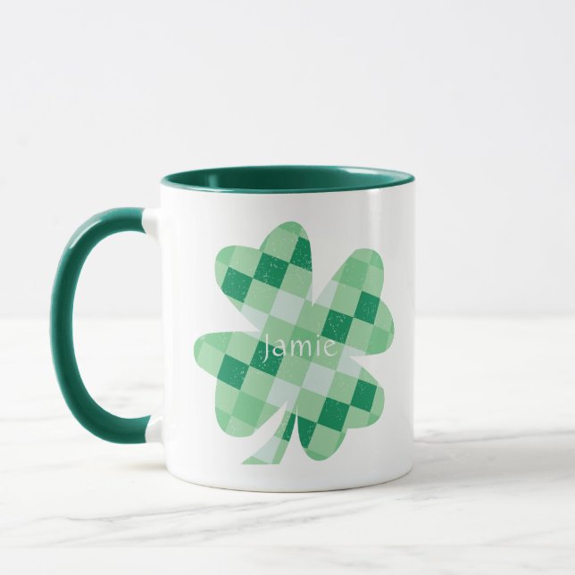 Irish Kleeblatt Closed Green Karos Name Monogram Tasse (Links)
