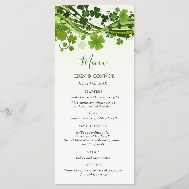 Irish Kleeblatt (Clover) Wedding Menu Menükarte (Vorderseite)