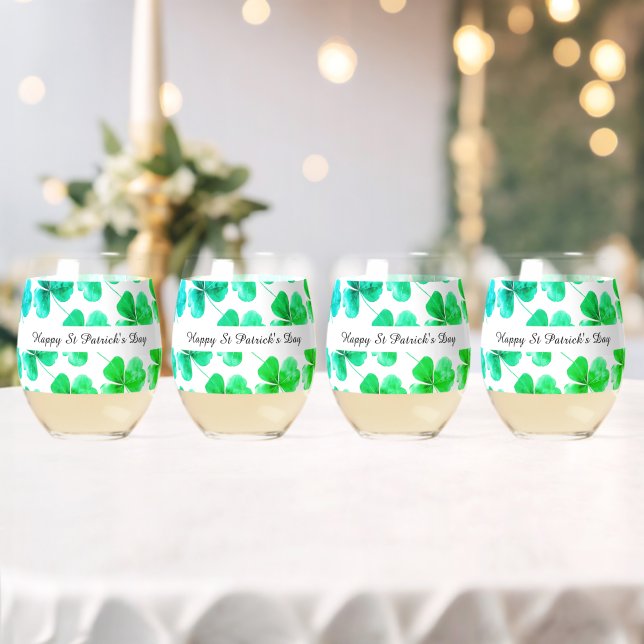 Irish Kleeblatt Green Blue Watercolor Individuelle Weinglas Ohne Stiel (Insitu (Hochzeit))