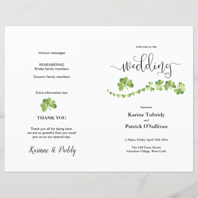 Irish Kleeblatt Green Hochzeitsprogramm (Vorderseite)