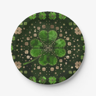 Irish Kleeblatt Vierblatt Klee Malachit und Gold Pappteller