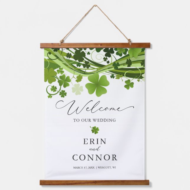 Irish Kleeblatt Wedding Welcome Sign Wandteppich Mit Holzrahmen (Vorderseite)
