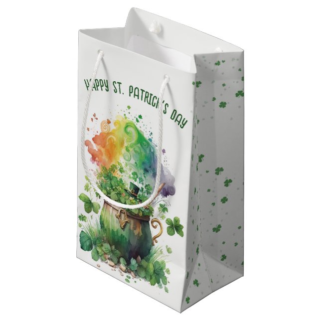 Irish Kleeblatts and Rainbow Pot Kleine Geschenktüte (Vorderseite Schrägansicht)