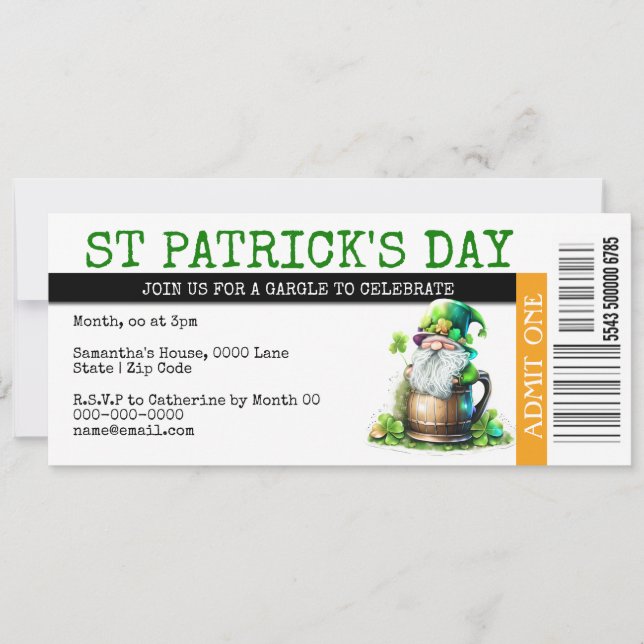 Irish Leprechaun Bierpass Ticket Party Einladung (Vorderseite)