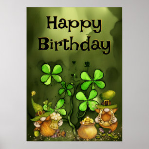 Irish Leprechaun Gnomes and Clovers Happy Birthday Poster