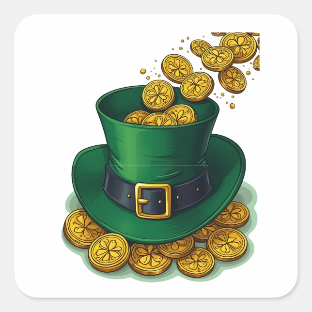 Irish Leprechaun Hat and Gold Coins Quadratischer Aufkleber (Vorderseite)